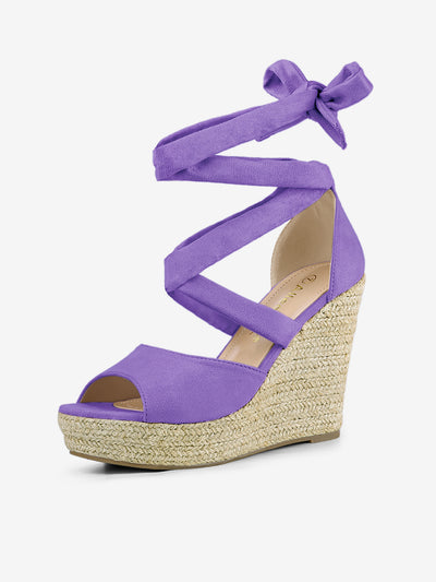 Faux Suede Lace Up Espadrille Wedge Heel Sandals