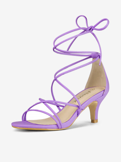 Synthetic Leather Strappy Kitten Heel Lace Up Sandals