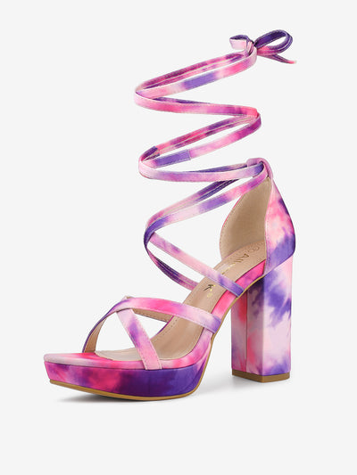 Tie Dye Platform Chunky Heel Lace Up Sandals