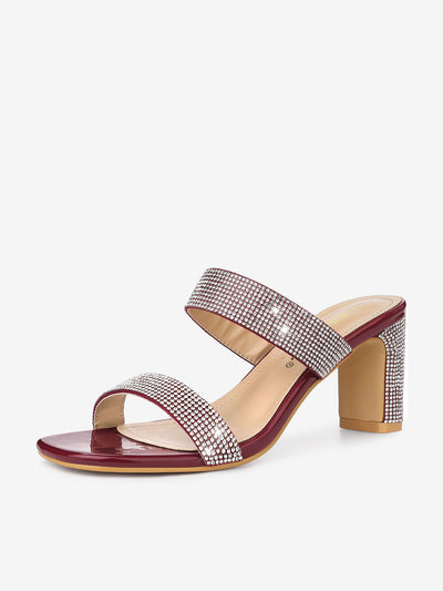 Square Open Toe Rhinestone Chunky Heel Slide Sandals