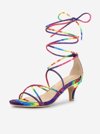 Open Toe Strappy Tie Dye Lace Up Kitten Heel Sandals