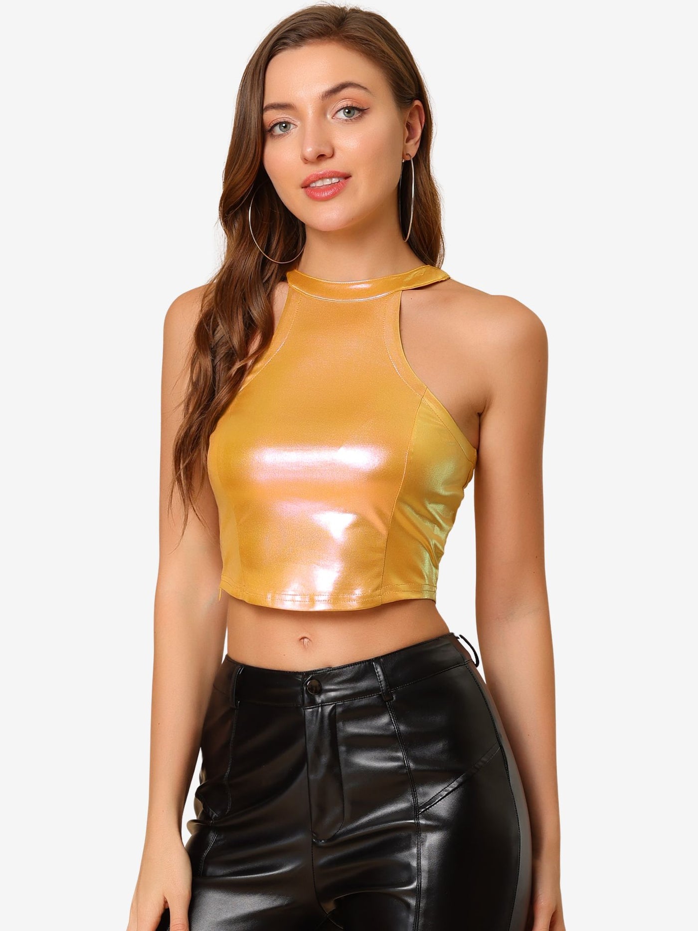 Allegra K Holographic Party Sparkle Halter Neck Stretch Crop Tank Top