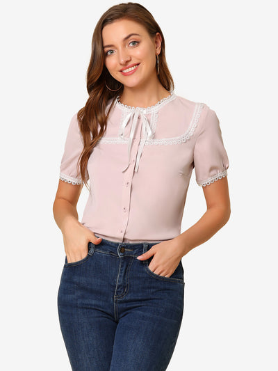 Short Sleeve Blouse Lace Panel Bow Tie Collar Button Down Shirt