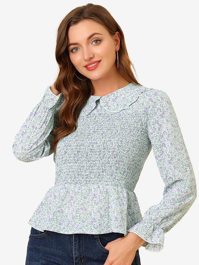 Peter Pan Collar Long Sleeve Casual Chiffon Floral Smocked Top