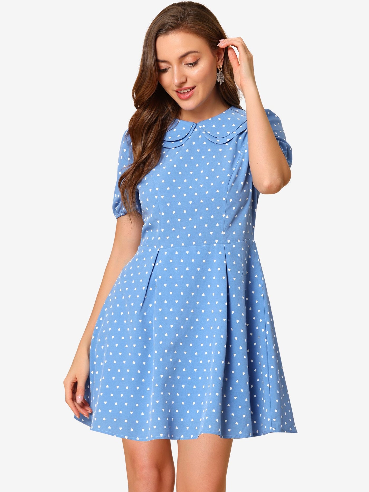 Allegra K Heart Print Short Sleeve A-Line Peter Pan Collar Mini Dress