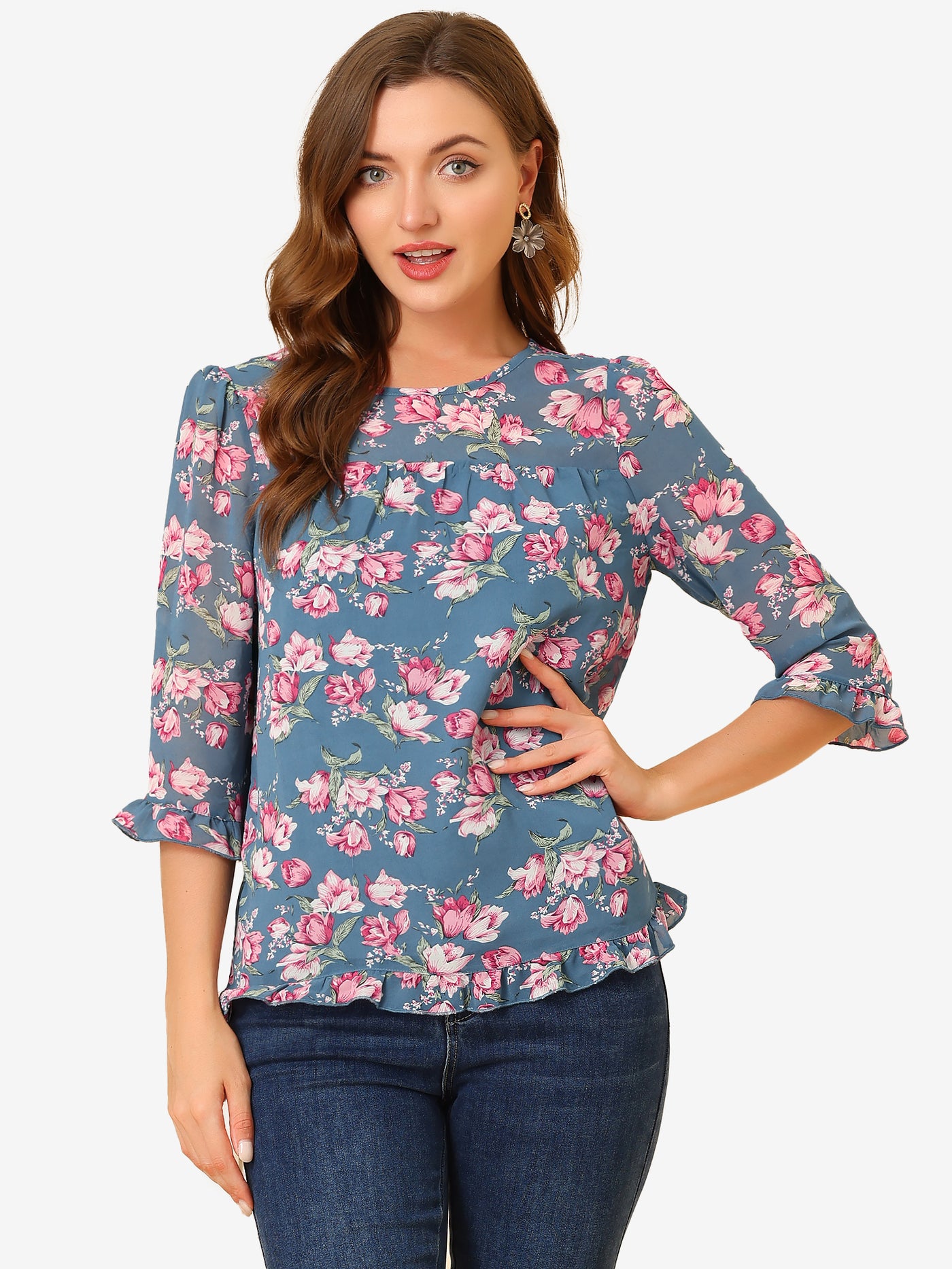 Allegra K Casual Ruffle Floral Print 3/4 Sleeve Chiffon Blouse