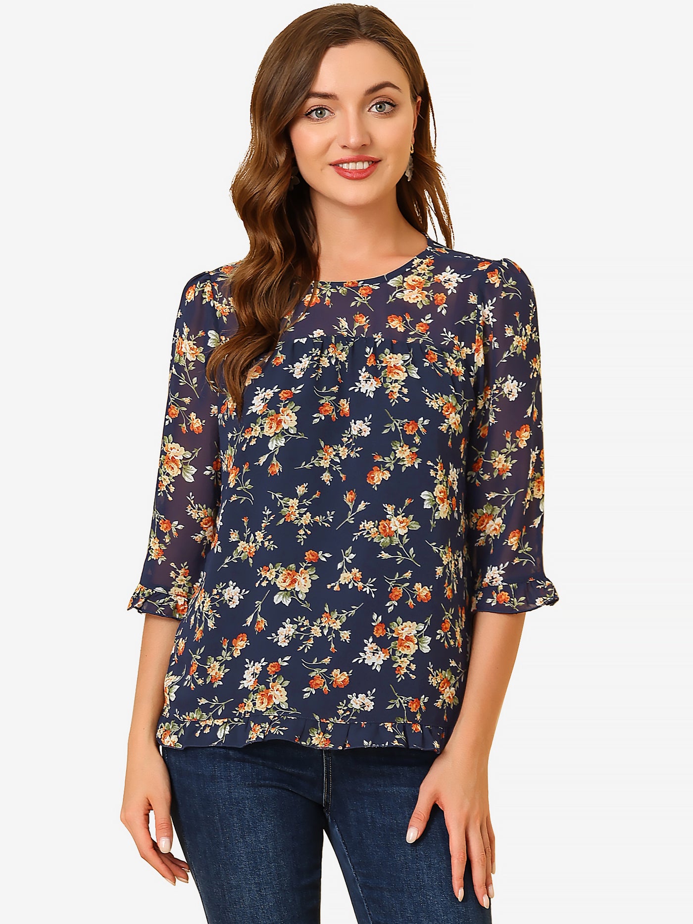 Allegra K Casual Ruffle Floral Print 3/4 Sleeve Chiffon Blouse