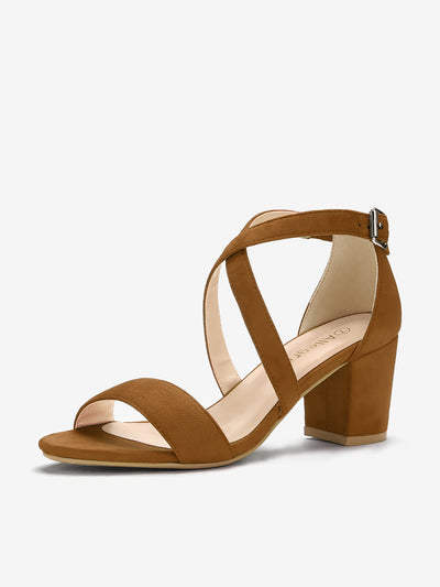 Faux Suede Crisscross Ankle Strap Block Heel Sandals