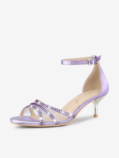 Satin Rhinestone Mesh Kitten Heel Ankle Strap Sandals