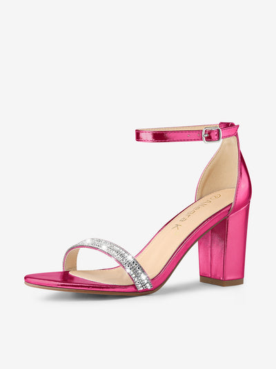 Rhinestone Ankle Strap Chunky Heel Sandals