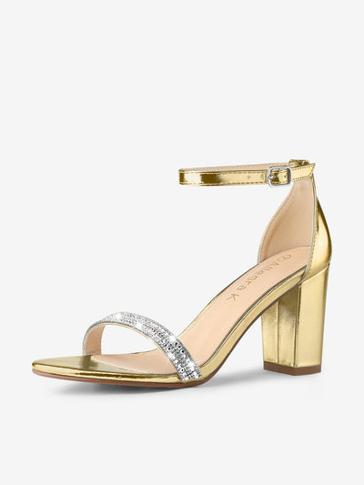 Rhinestone Ankle Strap Chunky Heel Sandals