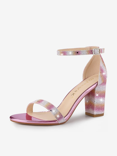 Glitter Ankle Strap Chunky Heel Sandals