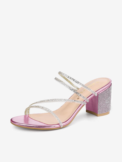 Strappy Rhinestone Block Heel Slide Sandals