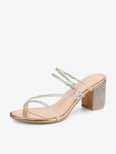 Strappy Rhinestone Block Heel Slide Sandals