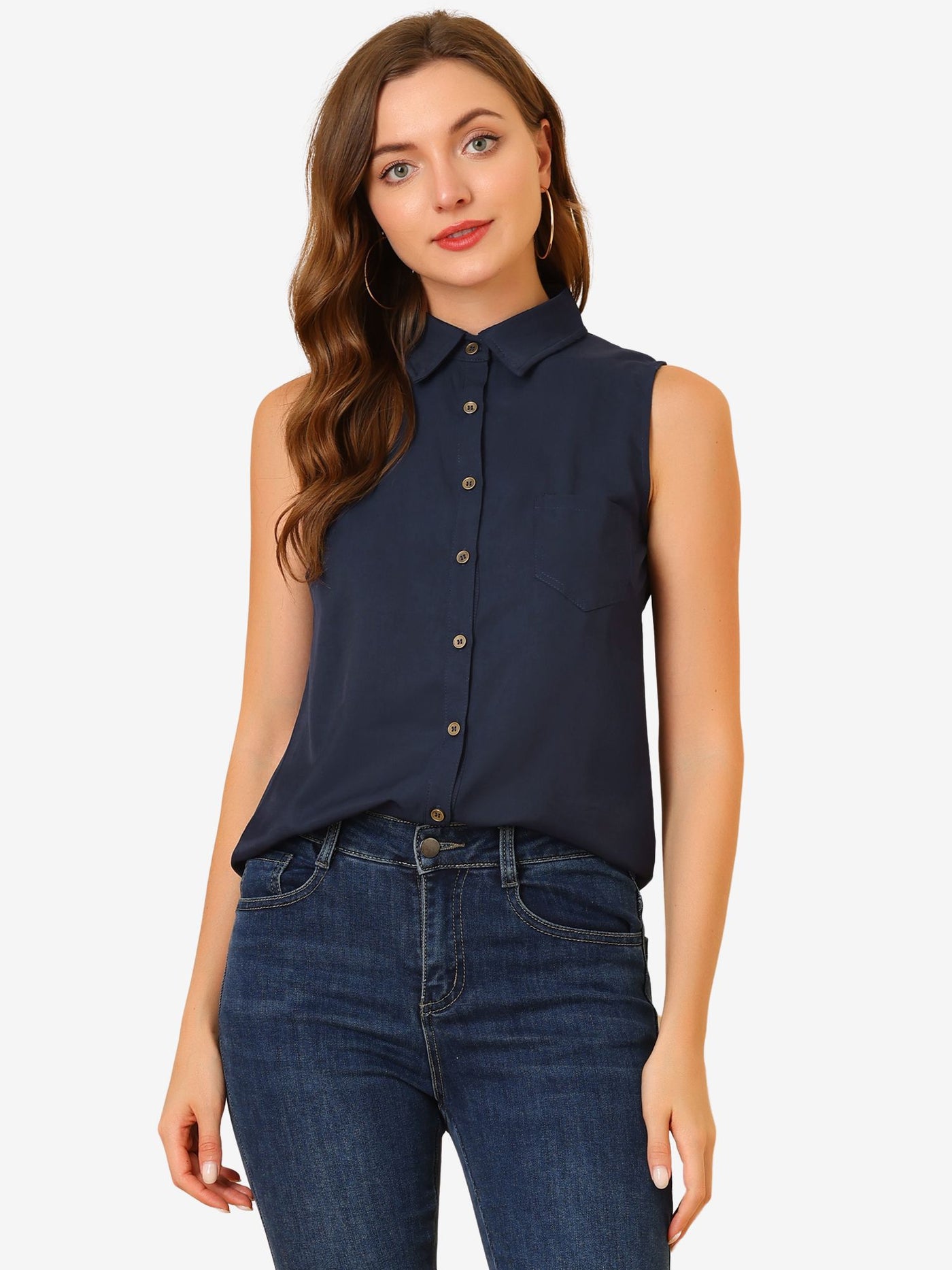 Allegra K Denim Collar Button Down Casual Office Sleeveless Shirt