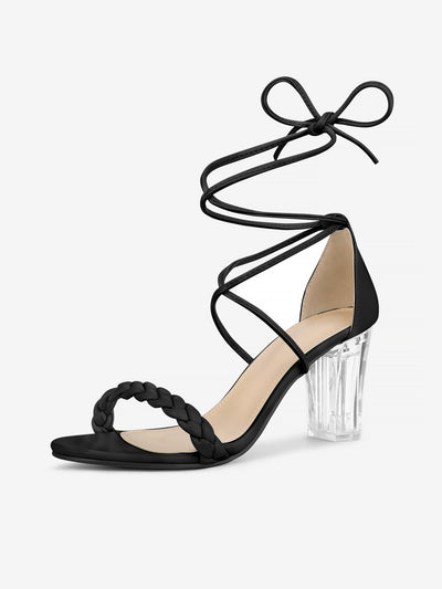 Woven Lace Up Braided Clear Block Heel Sandals