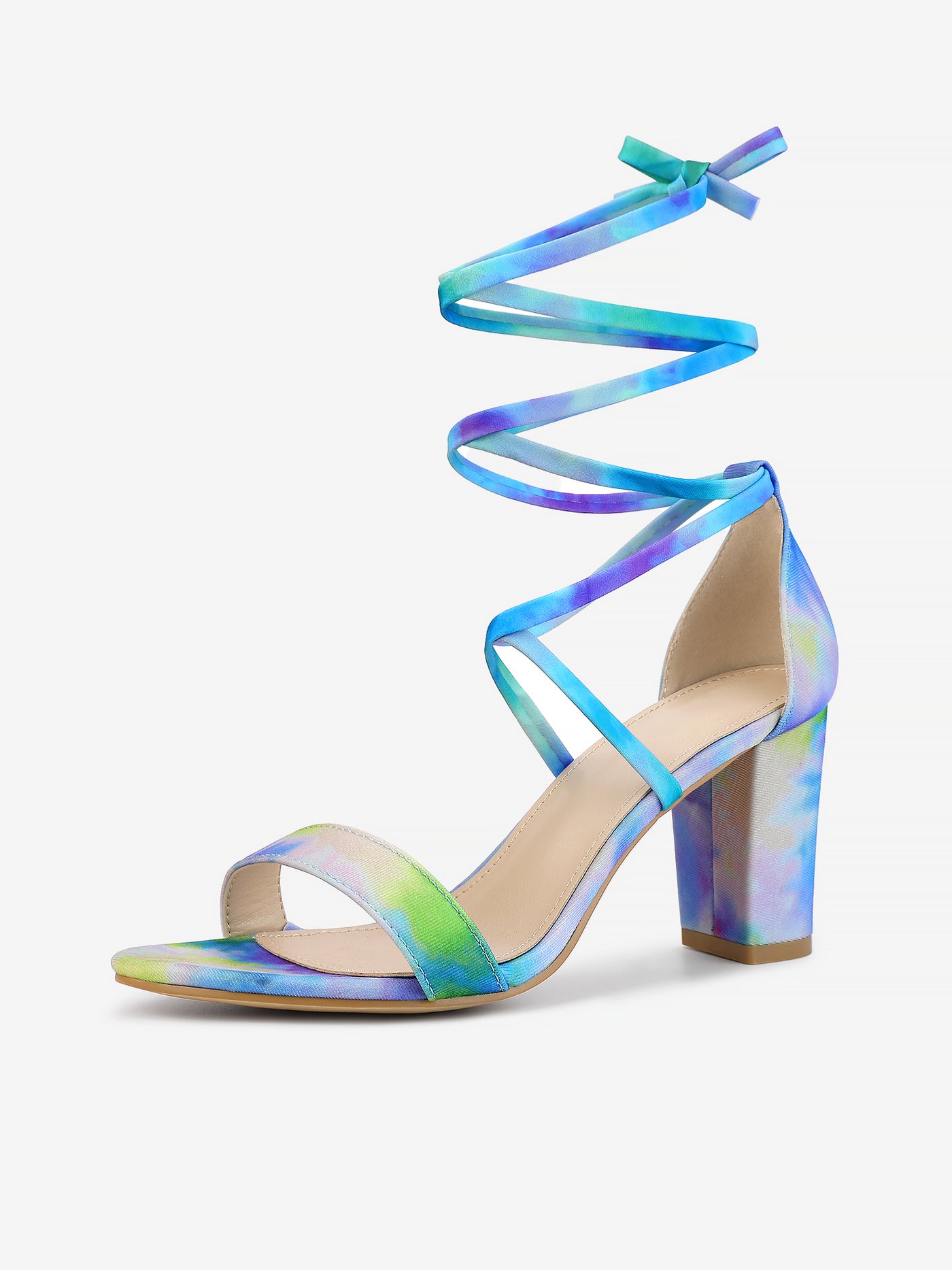 Allegra K Tie Dye Lace Up Open Toe Strappy Chunky Heel Sandals