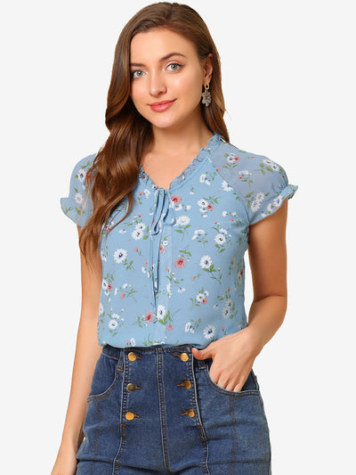 Ditsy Floral Print Chiffon Short Sleeve Ruffle Blouse