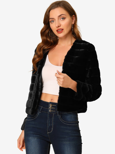 Winter Warm Cropped Jacket Collarless Faux Fur Fluffy Coat