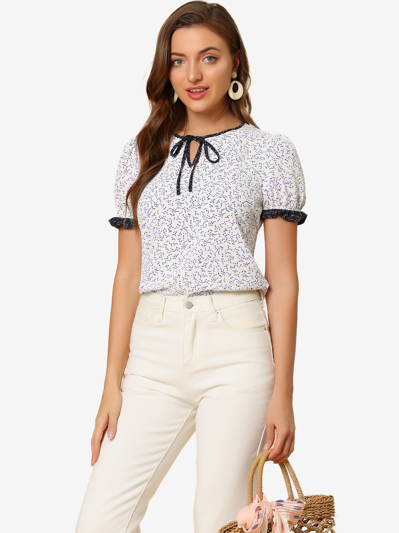 Allegra K Tie Neck Contrast Trim Short Sleeve Floral Blouse Tops