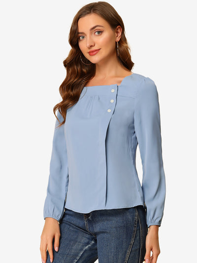 Allegra K Long Sleeve Casual Solid Square Neck Top