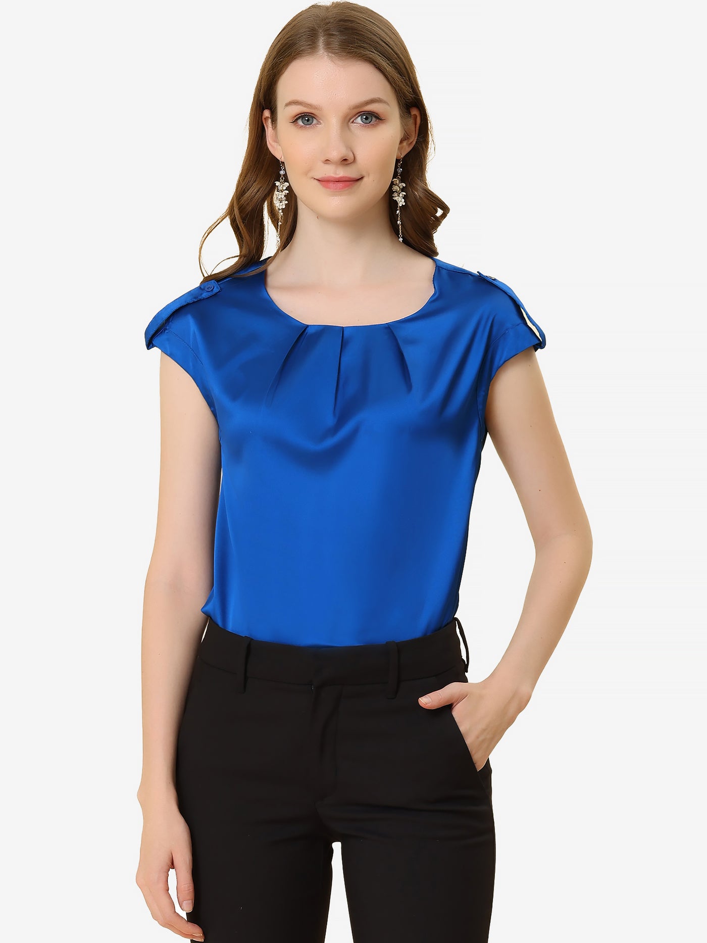 Allegra K Satin Cap Sleeve Top Pleated Casual Work Office Blouse