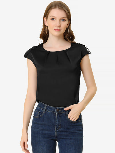 Satin Cap Sleeve Top Pleated Casual Work Office Blouse