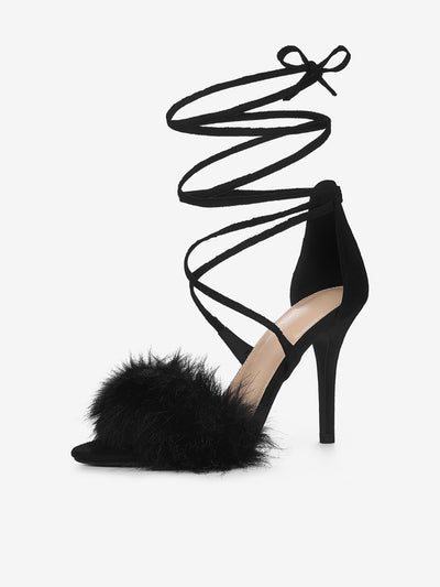 Faux Fur Stiletto Heel Lace Up Ankle Wrap Tie Sandals