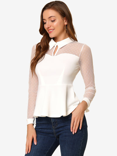 Mesh Sheer Long Sleeve Blouse Turn Down Collar Keyhole Peplum Top