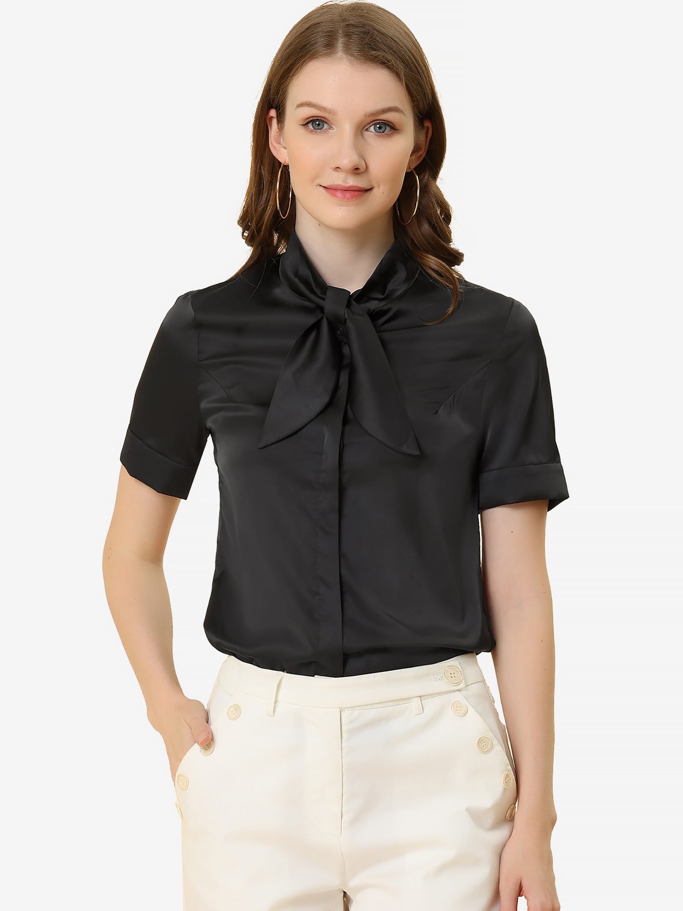 Allegra K Work Tie Neck Short Sleeve Satin Elegant Button Down Shirt