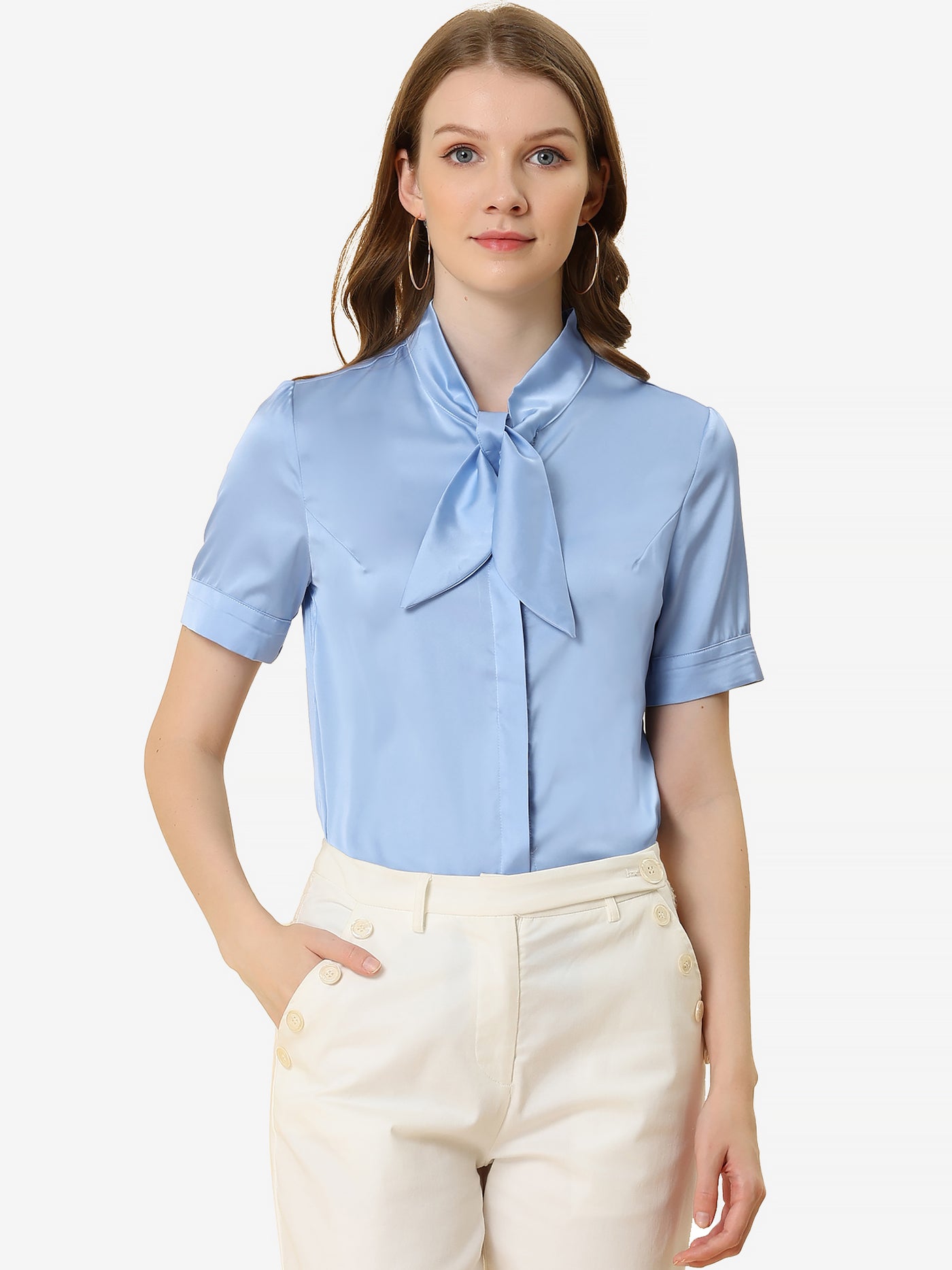 Allegra K Work Tie Neck Short Sleeve Satin Elegant Button Down Shirt