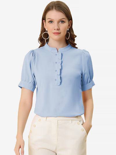 Work Office Top Puff Sleeve Half Placket Ruffled Shirt Blouse