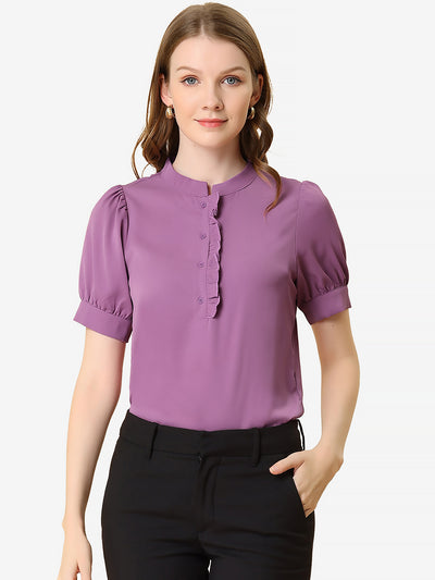 Work Office Top Puff Sleeve Half Placket Ruffled Shirt Blouse