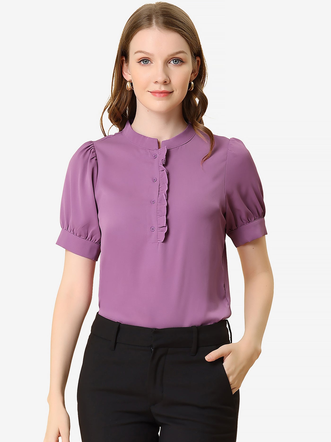 Allegra K Work Office Top Puff Sleeve Half Placket Ruffled Shirt Blouse