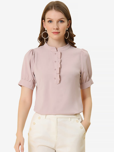 Work Office Top Puff Sleeve Half Placket Ruffled Shirt Blouse