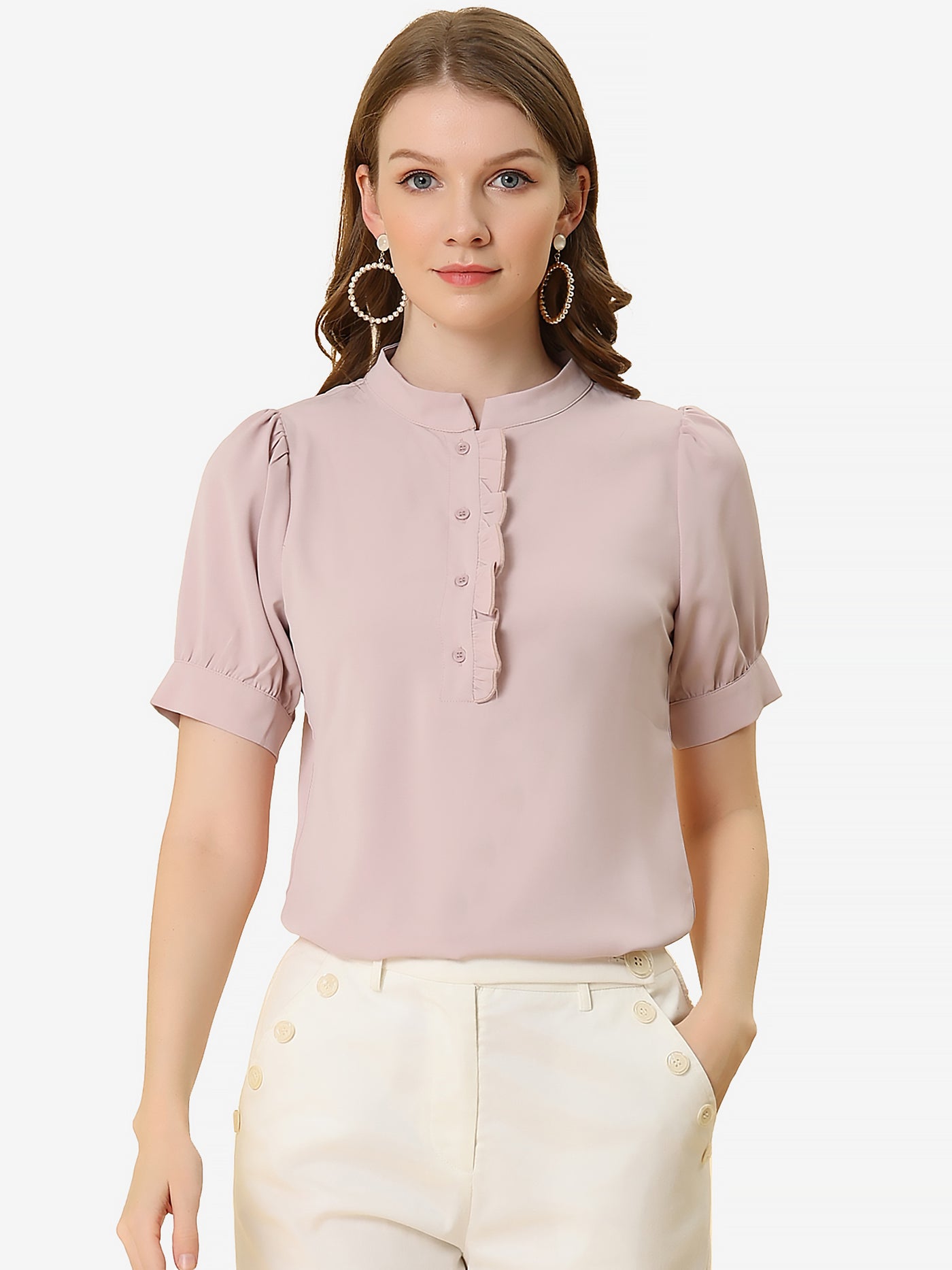 Allegra K Work Office Top Puff Sleeve Half Placket Ruffled Shirt Blouse