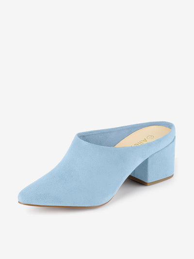 Faux Suede Pointed Toe Slip On Block Heel Slide Mules