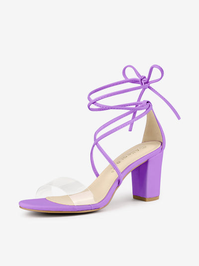 Open Toe Lace Up Clear Strap Block Heel Sandals