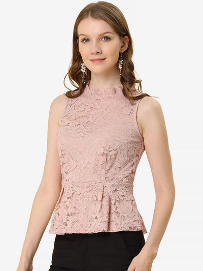 Lace Floral Ruffle Neck Keyhole Back Sleeveless Peplum Top