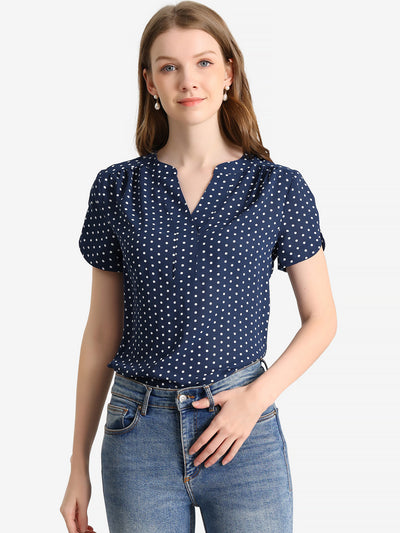 Polka Dots Print V Neck Short Sleeve Elegant Work Office Tops