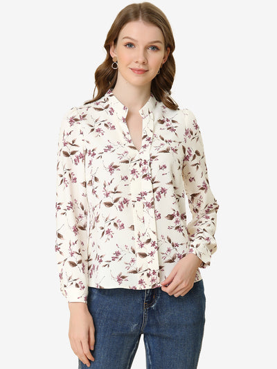 Allegra K Floral Print Split V Neck Office Long Sleeve Blouse Shirt