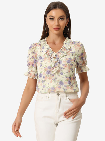 Floral Blouse Ruffle V Neck Puff Short Sleeve Top