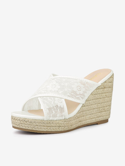 Lace Crisscross Strap Slide Wedge Espadrilles Sandals