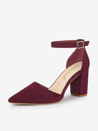 Ankle Strap Pointed Toe Block Heel Pumps