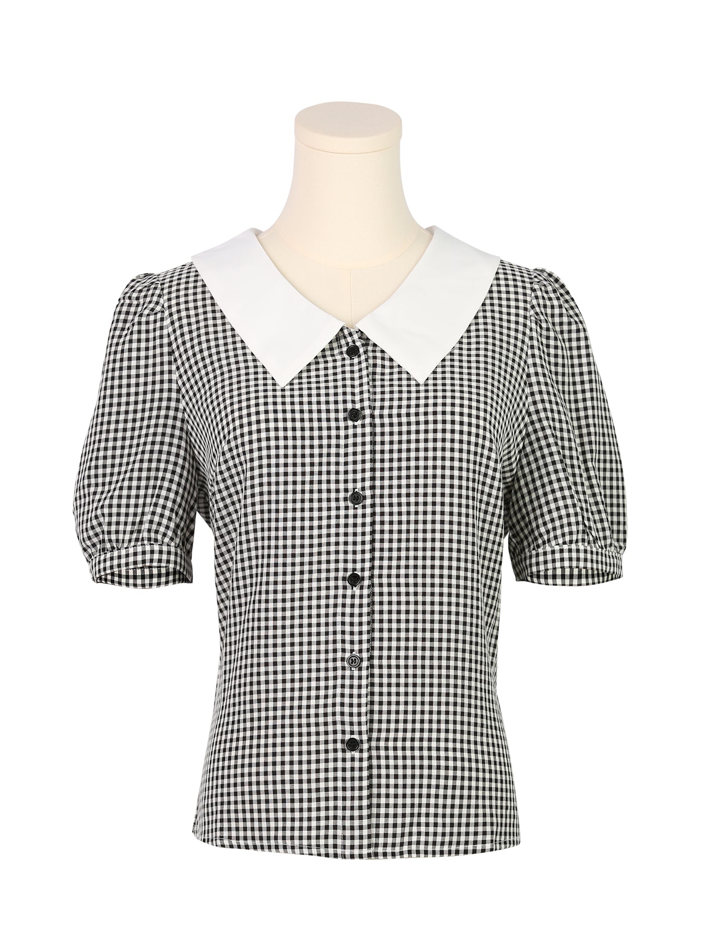 Allegra K Plaid Puff Sleeve Blouse Contrast Collar Button Down Shirt Tops