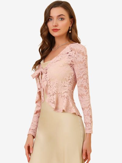 Floral Lace Tie Front Ruffled Hem Sheer Crop Bolero Shrug