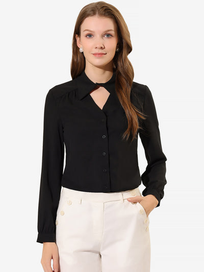 Choker Neck Blouse Turn Down Collar Long Sleeve Work Shirt