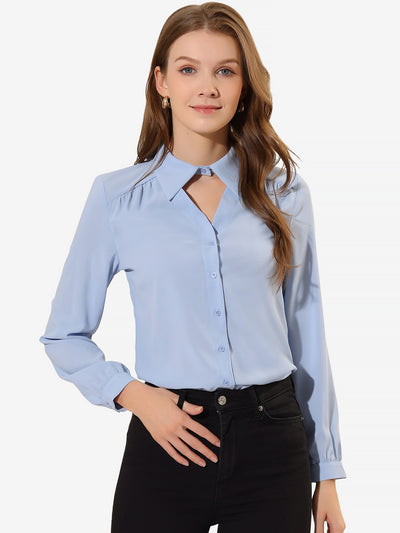 Choker Neck Blouse Turn Down Collar Long Sleeve Work Shirt