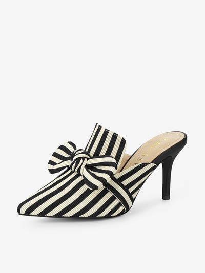 Stripe Bow Slip on Stiletto Heel Slides Mules