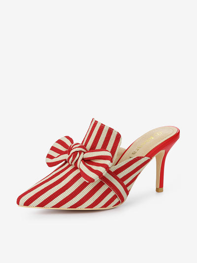 Stripe Bow Slip on Stiletto Heel Slides Mules